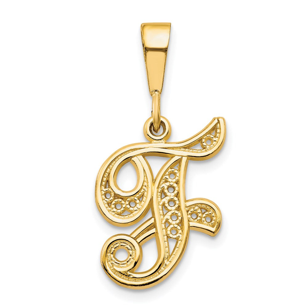 14K Gelbgold Polierter Filigraner Schreibschrift-Initial-Anhänger Buchstabe F