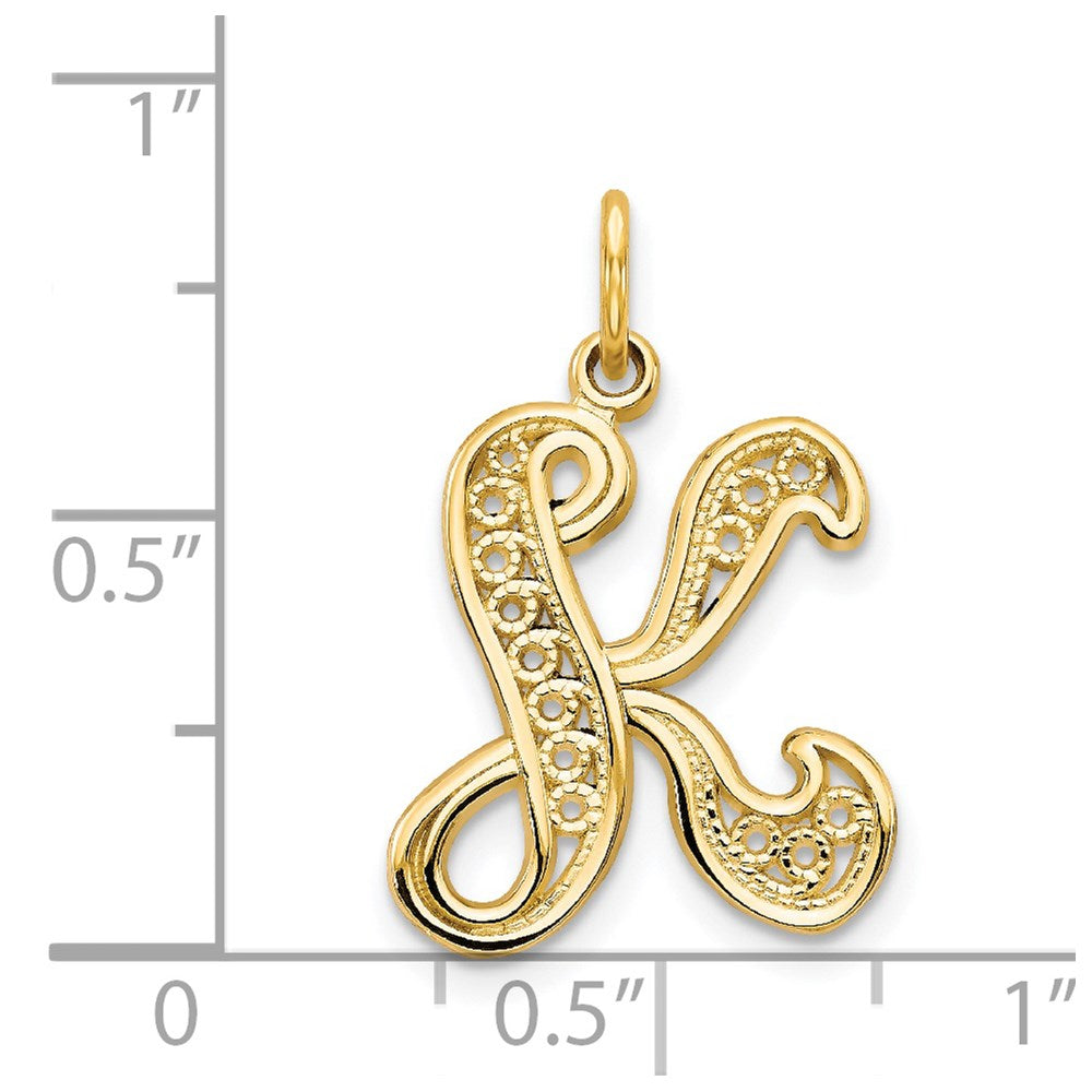 14K Gelbgold Polierter Filigran-Initialanhänger Buchstabe K in Schreibschrift