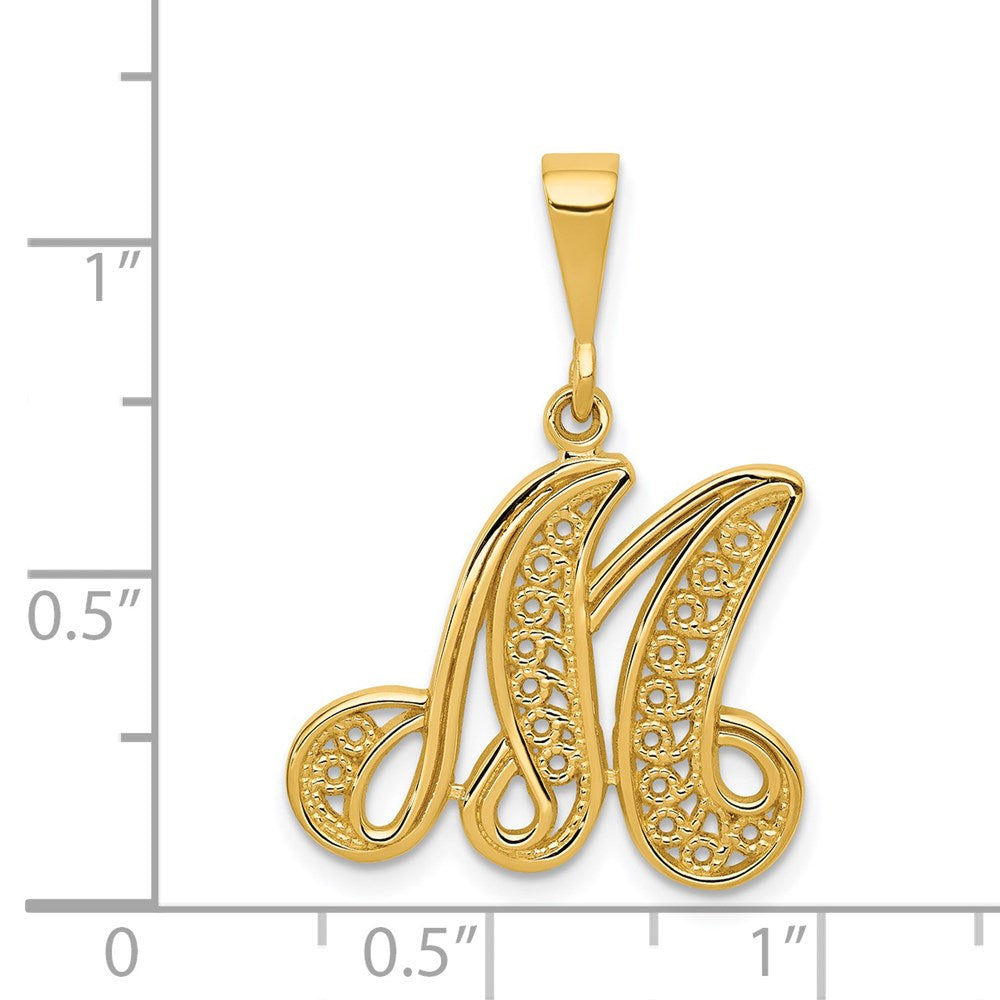 14K Gelbgold Polierter Filigraner Initial-Anhänger Buchstabe M in Schreibschrift