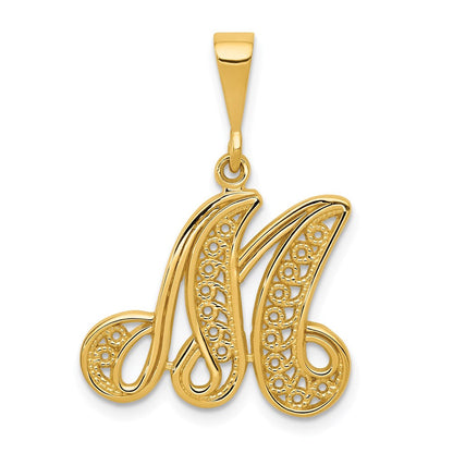 14K Gelbgold Polierter Filigraner Initial-Anhänger Buchstabe M in Schreibschrift