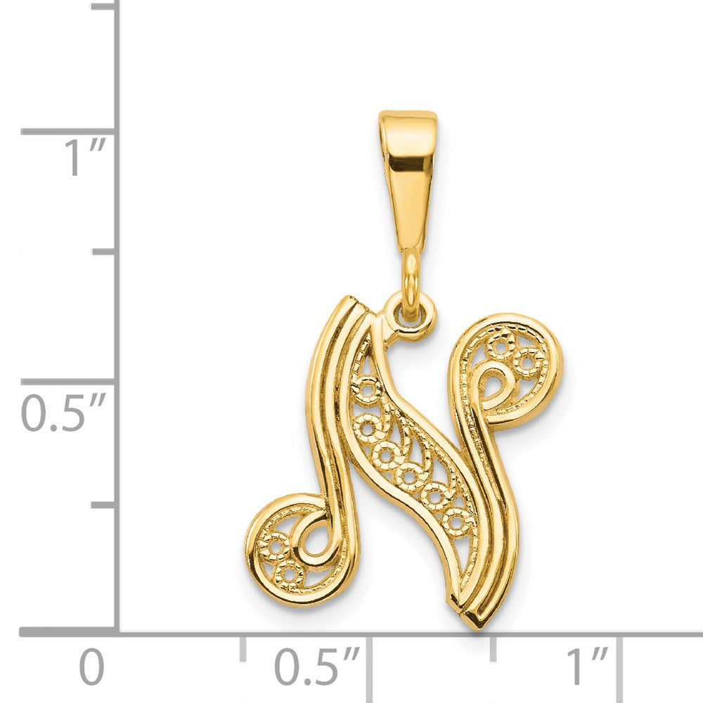 14K Gelbgold Polierter Schriftzug-Filigran-Buchstabe N Initial-Anhänger