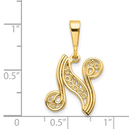 14K Gelbgold Polierter Schriftzug-Filigran-Buchstabe N Initial-Anhänger