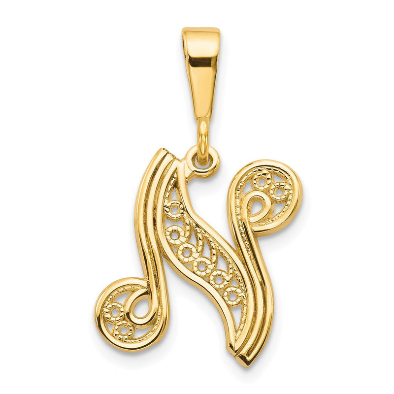 14K Gelbgold Polierter Schriftzug-Filigran-Buchstabe N Initial-Anhänger