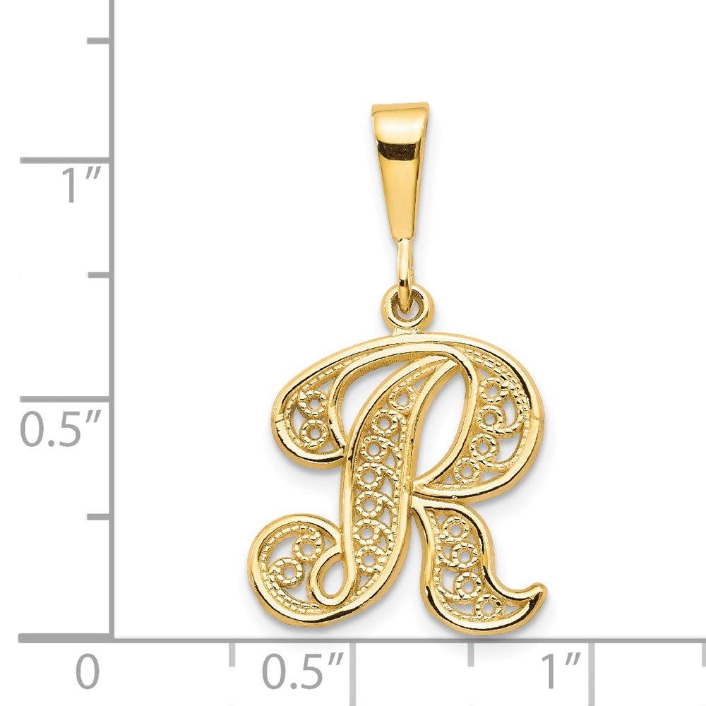 14K Gelbgold Polierter Schriftzug-Filigran Buchstabe R Initialanhänger
