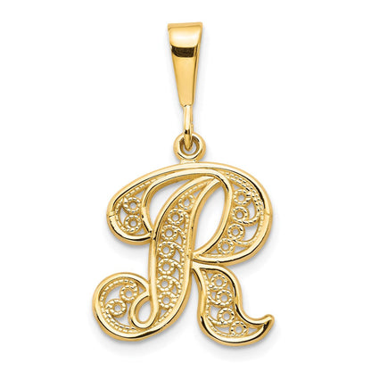 14K Gelbgold Polierter Schriftzug-Filigran Buchstabe R Initialanhänger