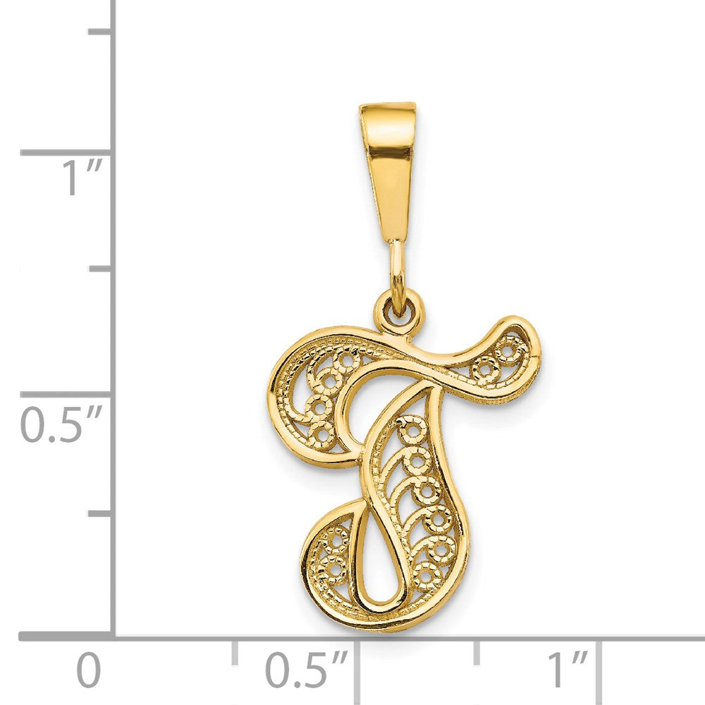 14K Gelbgold 14ky Poliert Schreibschrift Filigran Buchstabe T Initiale Anhänger