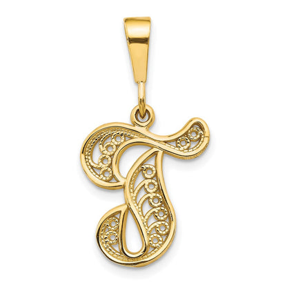 14K Gelbgold 14ky Poliert Schreibschrift Filigran Buchstabe T Initiale Anhänger