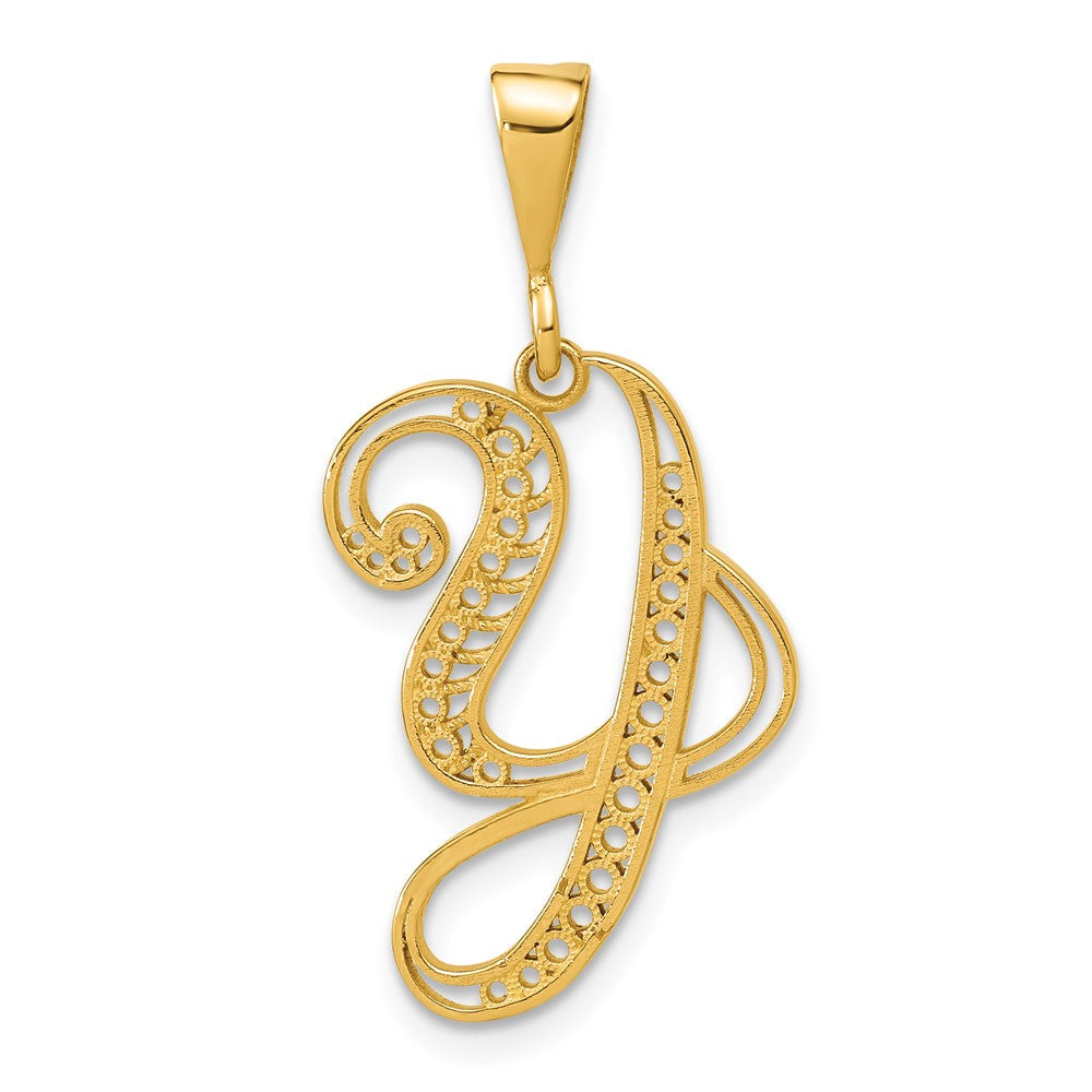 14K Gelbgold Poliert Schreibschrift Filigran Buchstabe Y Initiale Anhänger