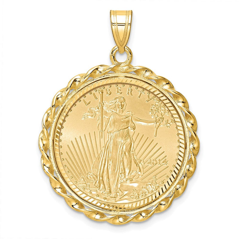 14K Gelbgold 1/4oz Mounted American Adler Münze Gedreht Draht Diamantiert Zargenfassung Anhänger
