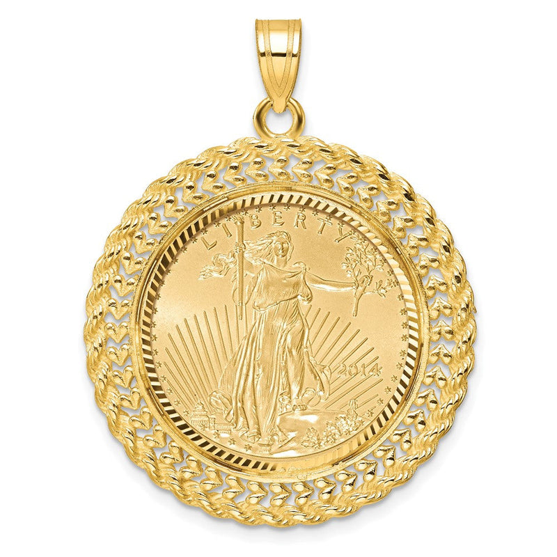14K Gelbgold 1/4oz Mounted American Adler Münze Fantasie Herz & Kordel Diamantiert Zargenfassung Anhänger