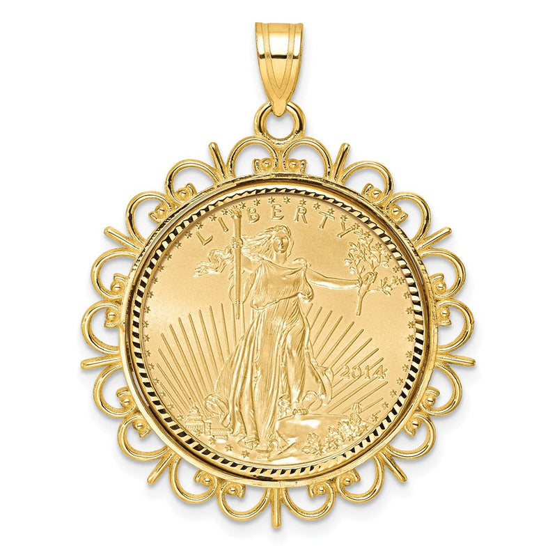 14K Gelbgold 1/4oz Mounted Am Adler Münze Fantasie Kante Diamantiert Zargenfassung Anhänger