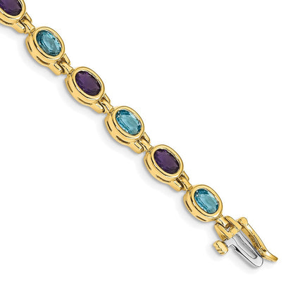 14K Gelbgold Oval Edelstein Amethyst/ Blautopas Armband