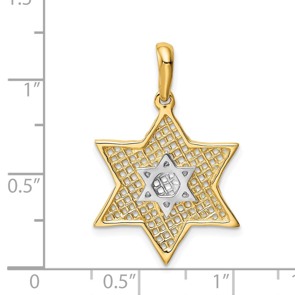 14K Gelbgold & Rhodium massiver polierter Davidstern-Charm mit Netzmuster