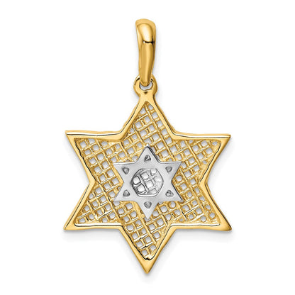14K Gelbgold & Rhodium massiver polierter Davidstern-Charm mit Netzmuster
