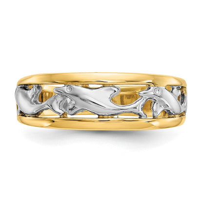 14K Bicolor-Gold Delfin-Ring mit Rhodinierung