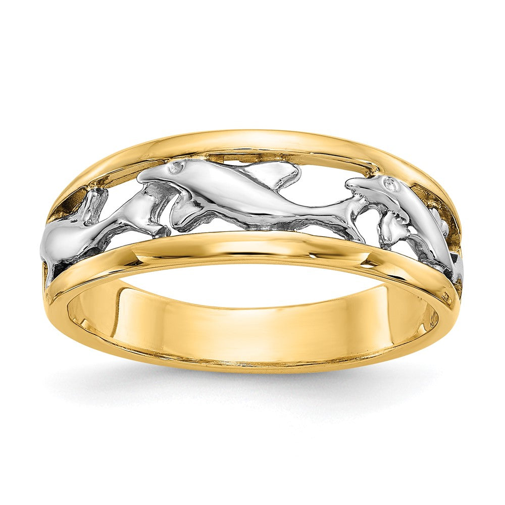 14K Bicolor-Gold Delfin-Ring mit Rhodinierung