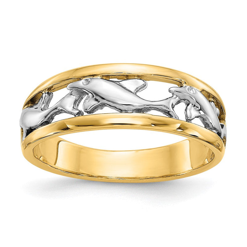 14K Bicolor-Gold Delfin-Ring mit Rhodinierung