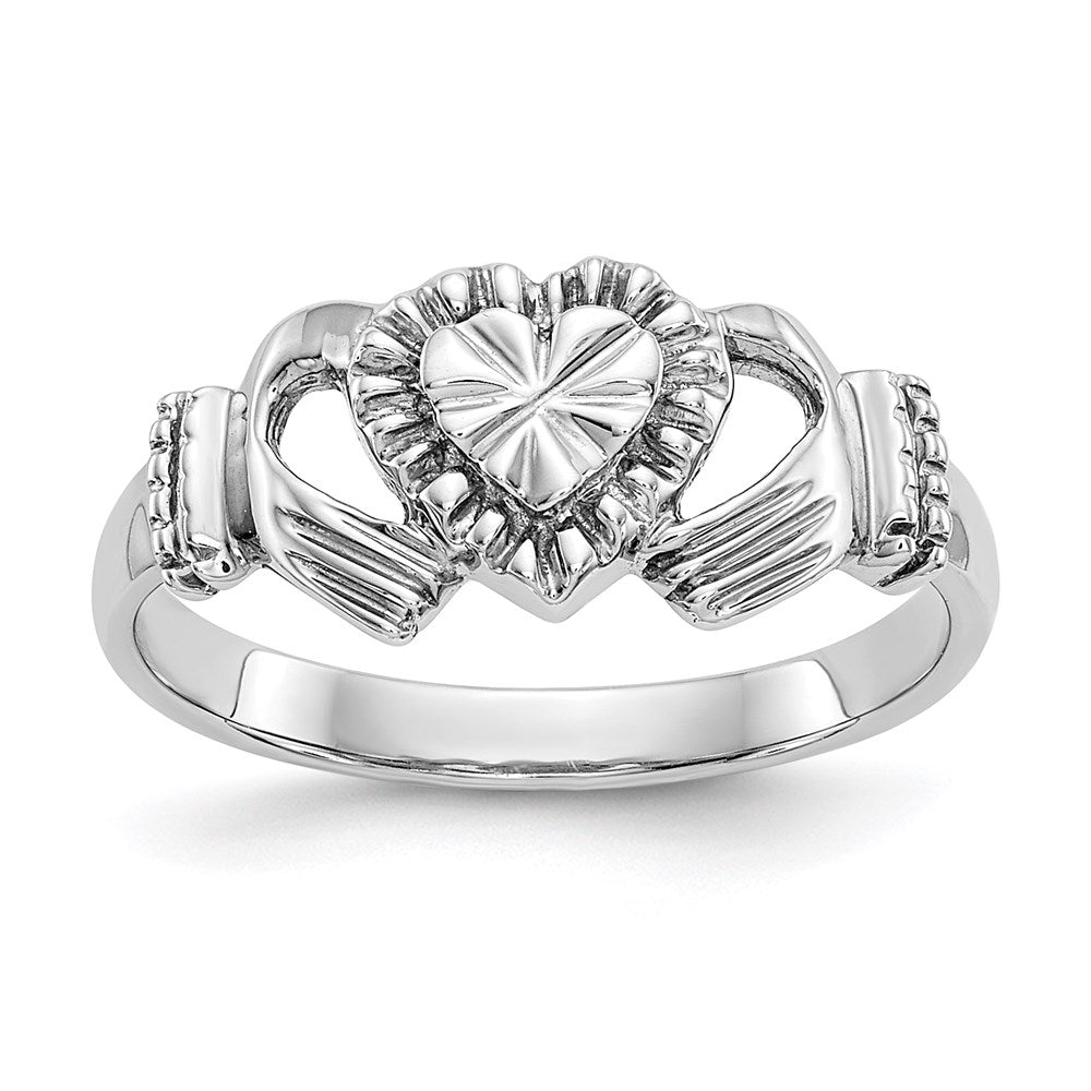 14K Weißgold Kinderring Claddagh, poliert und diamantiert