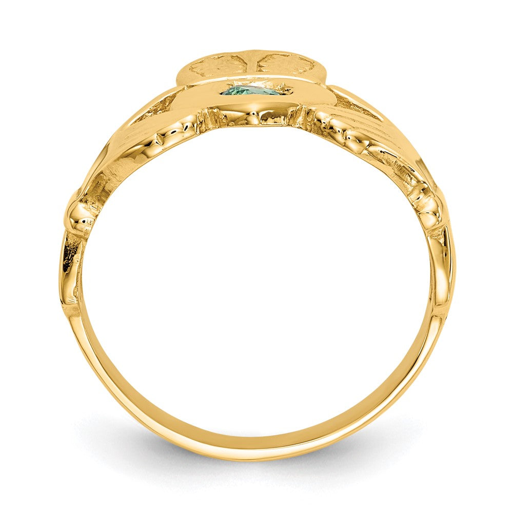 14K Gelbgold Claddagh-Ring mit imitiertem grünem Stein