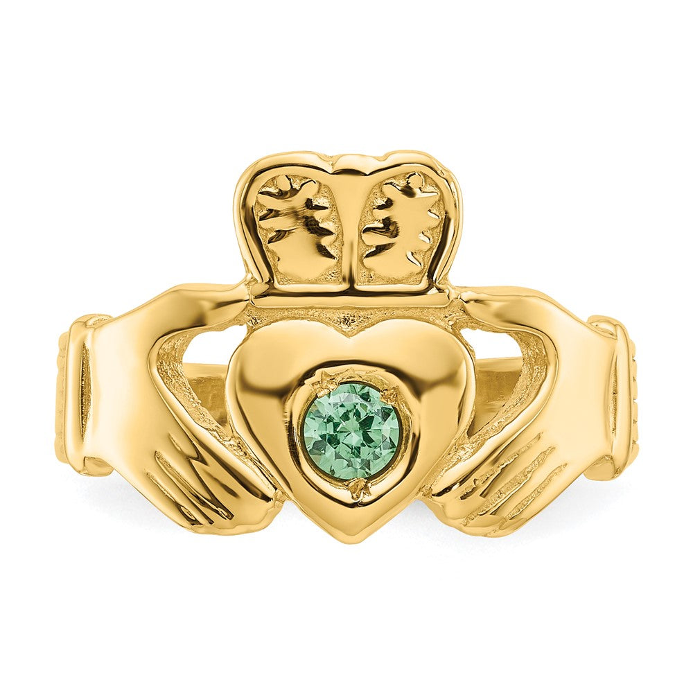 14K Gelbgold Claddagh-Ring mit imitiertem grünem Stein