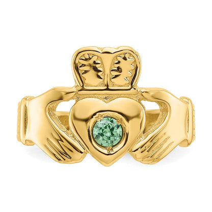14K Gelbgold Claddagh-Ring mit imitiertem grünem Stein