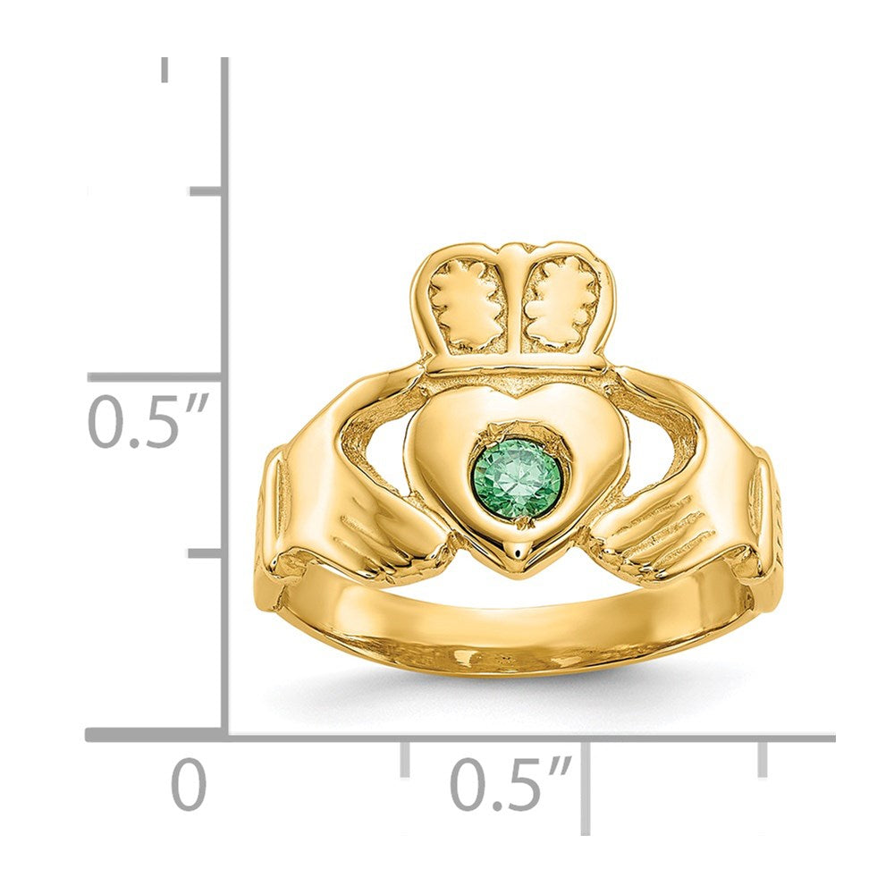 14K Gelbgold Claddagh-Ring mit imitiertem grünem Stein