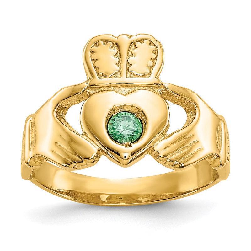 14K Gelbgold Claddagh-Ring mit imitiertem grünem Stein