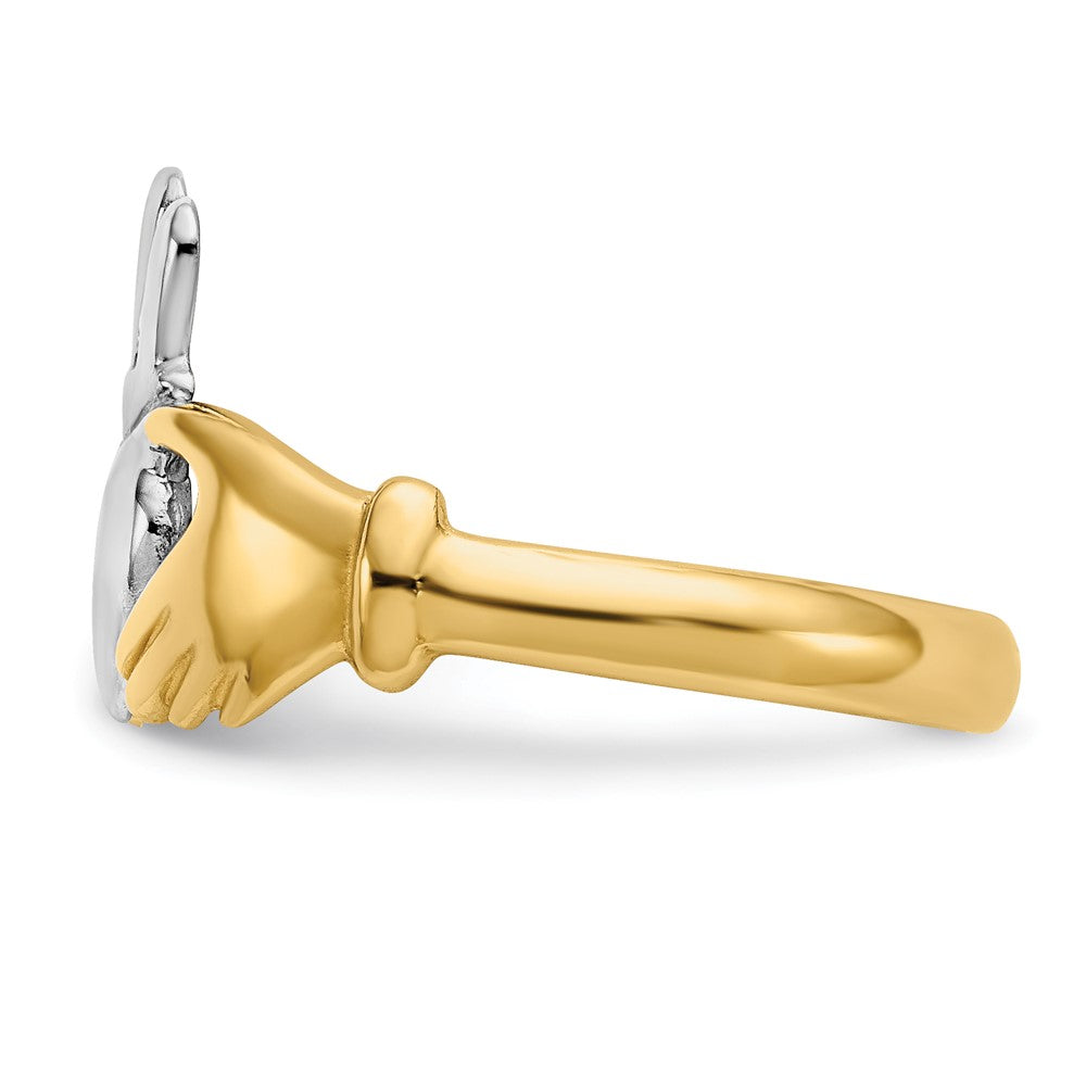 14K Gelbgold Ring, poliert, mit Rhodium-Beschichtung, Claddagh-Design