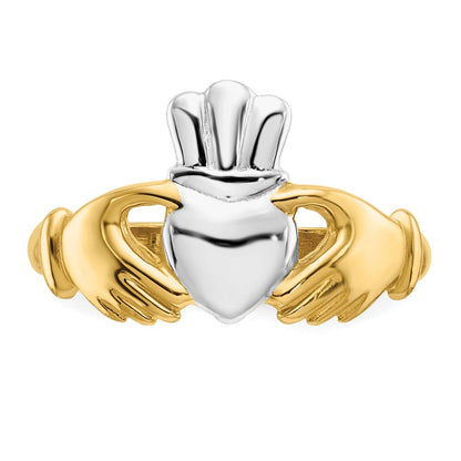 14K Gelbgold Ring, poliert, mit Rhodium-Beschichtung, Claddagh-Design
