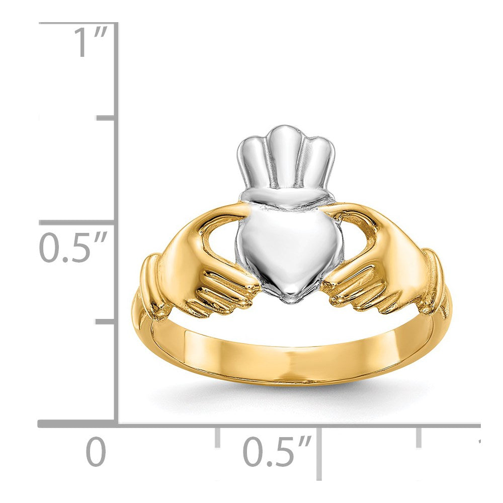 14K Gelbgold Ring, poliert, mit Rhodium-Beschichtung, Claddagh-Design
