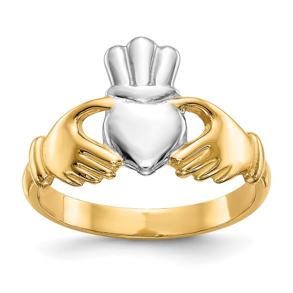 14K Gelbgold Ring, poliert, mit Rhodium-Beschichtung, Claddagh-Design