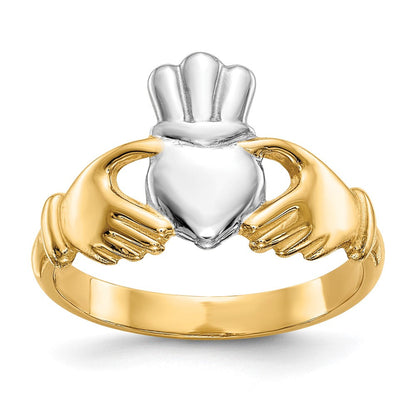 14K Gelbgold Ring, poliert, mit Rhodium-Beschichtung, Claddagh-Design