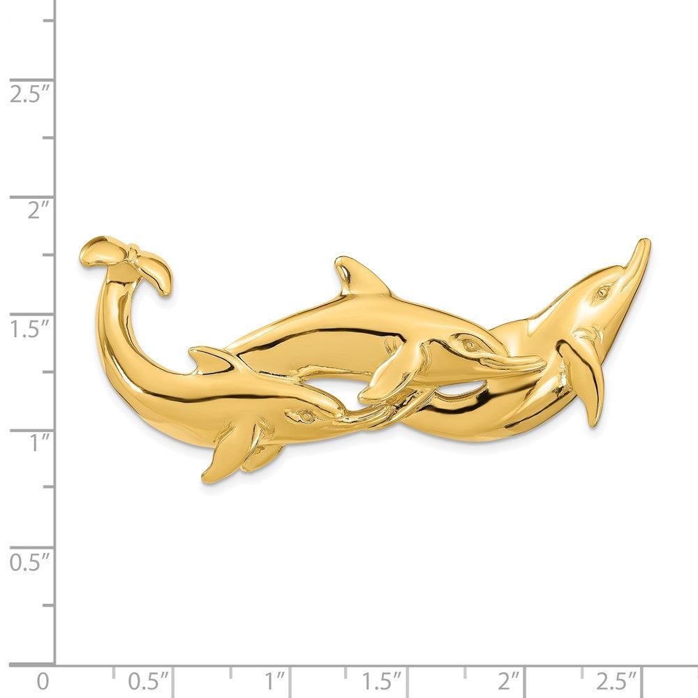 14K Gelbgold Poliert (fits Up To 8mm) Dreifach Dolphins Anhänger