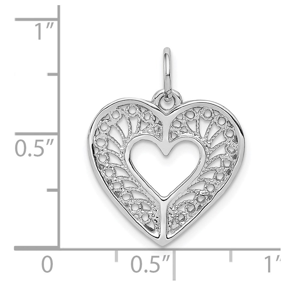 14 Karat Weißgold massiver diamantgeschliffener Fancy-Filigran-Herz-Charm