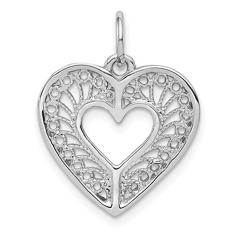 14 Karat Weißgold massiver diamantgeschliffener Fancy-Filigran-Herz-Charm