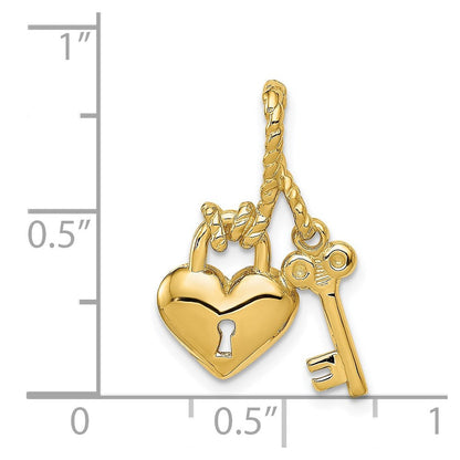 14 Karat Gelbgold Charm, poliert, Schlüssel mit Herzschloss verbunden