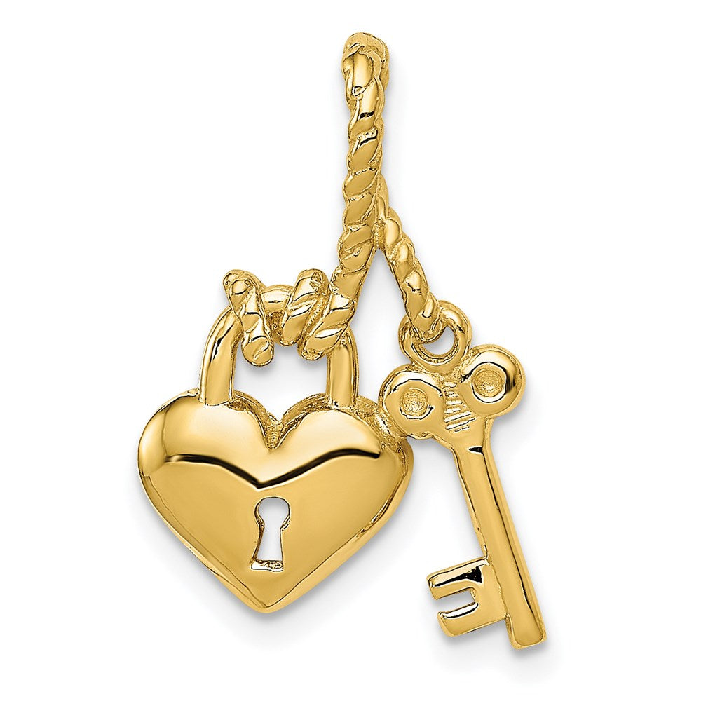 14 Karat Gelbgold Charm, poliert, Schlüssel mit Herzschloss verbunden