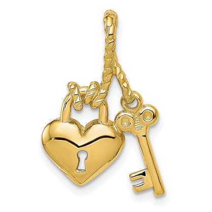 14 Karat Gelbgold Charm, poliert, Schlüssel mit Herzschloss verbunden