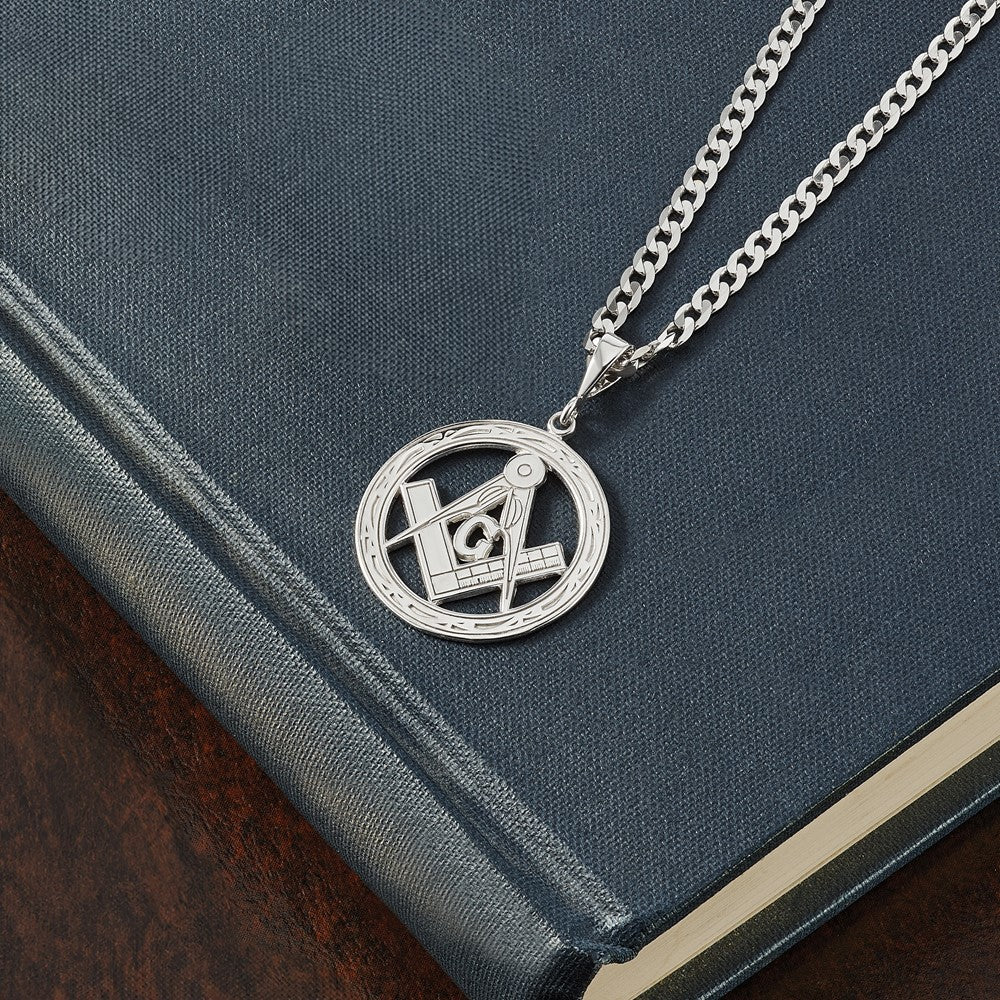 14K Weißgold Polierter & Strukturierter Großer Freimaurer-Symbol-Anhänger
