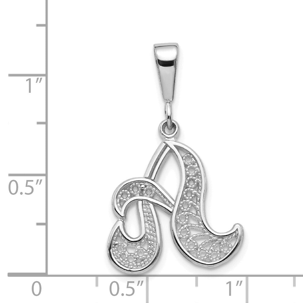 14K Weißgold massiver polierter Buchstabe „A" Initial-Anhänger mit Schreibschrift-Filigran