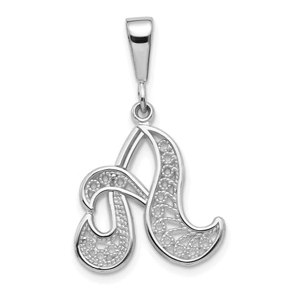 14K Weißgold massiver polierter Buchstabe „A" Initial-Anhänger mit Schreibschrift-Filigran