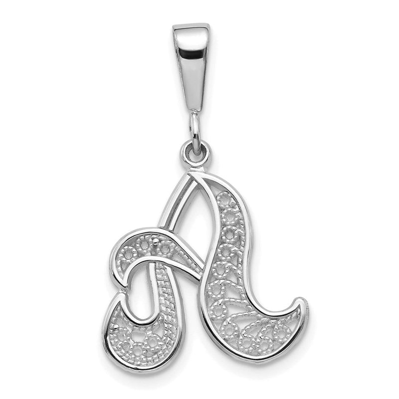 14K Weißgold massiver polierter Buchstabe „A" Initial-Anhänger mit Schreibschrift-Filigran