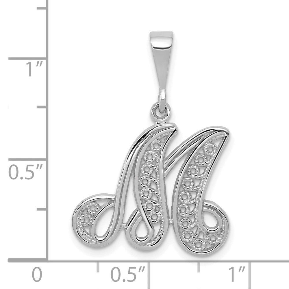 14K Weißgold Massiver Polierter Filigraner Schriftzug-Buchstabe M Initial-Anhänger