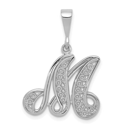 14K Weißgold Massiver Polierter Filigraner Schriftzug-Buchstabe M Initial-Anhänger