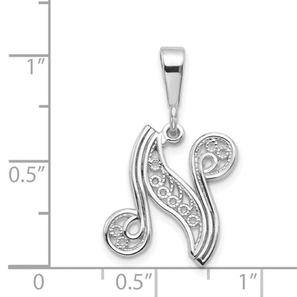 14K Weißgold Massiver Polierter Schreibschrift-Filigran Buchstabe N Initialanhänger