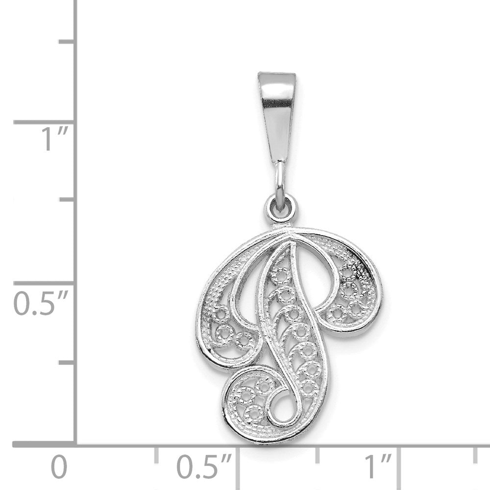 14K Weißgold massiver, polierter Buchstaben-Anhänger „P" mit Initialen-Schriftzug und Filigranarbeit