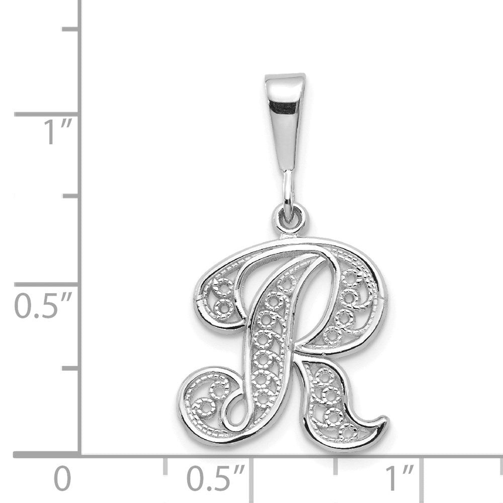 14K Weißgold Massiver Polierter Filigran-Initialanhänger Buchstabe R in Schreibschrift