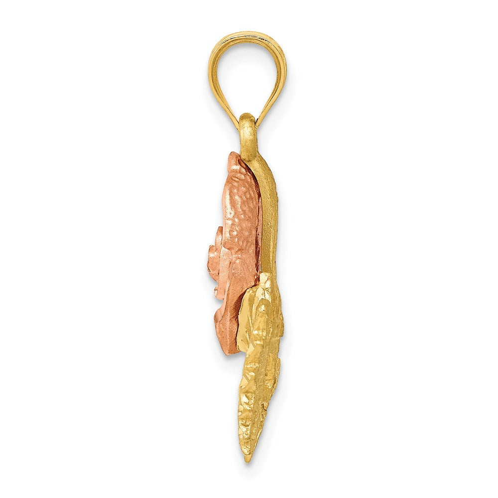 14 Karat Bicolor-Gold massiver satinierter diamantgeschliffener Blumen-Anhänger