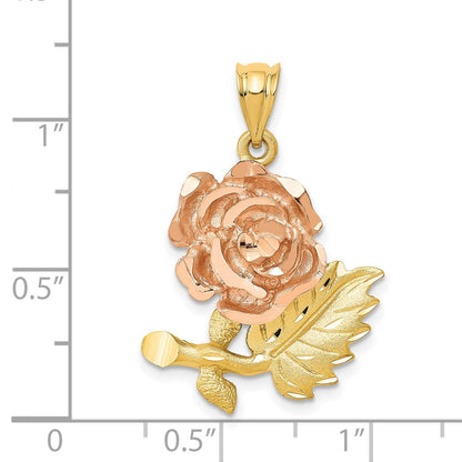14 Karat Bicolor-Gold massiver satinierter diamantgeschliffener Blumen-Anhänger