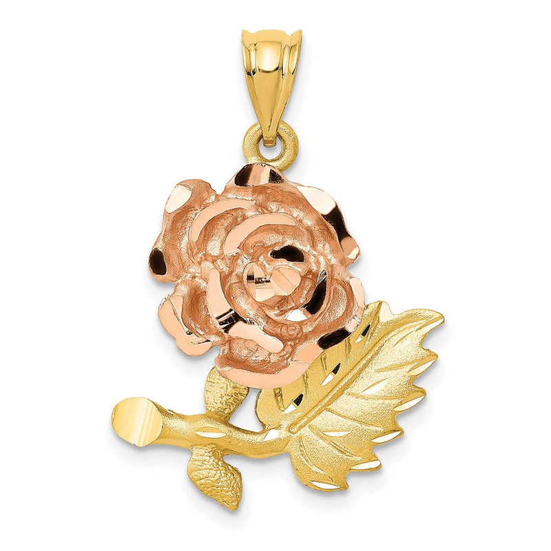14 Karat Bicolor-Gold massiver satinierter diamantgeschliffener Blumen-Anhänger